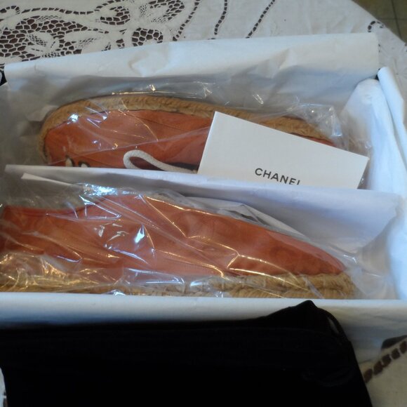 New Chanel Orange Signature Logo Canvas Lace Up Espadrilles Size 37B - Picture 3 of 16